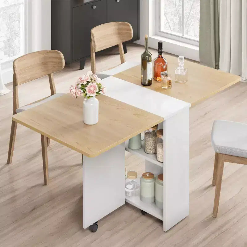 Tavolo da Pranzo Pieghevole, Tavolo da Pranzo Rustico Salvaspazio per 4 Posti con Ripiano, Tavolo a Ribalta da Cucina Espandibile Multifunzione con 6 Ruote per Piccoli Spazi