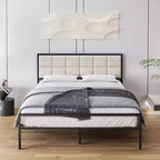 King Upholstered Metal Bed Frame with Square-Stitched Headboard, Faux Leather Platform Bed with Steel Slats Support, Box Spring Optional, Beige