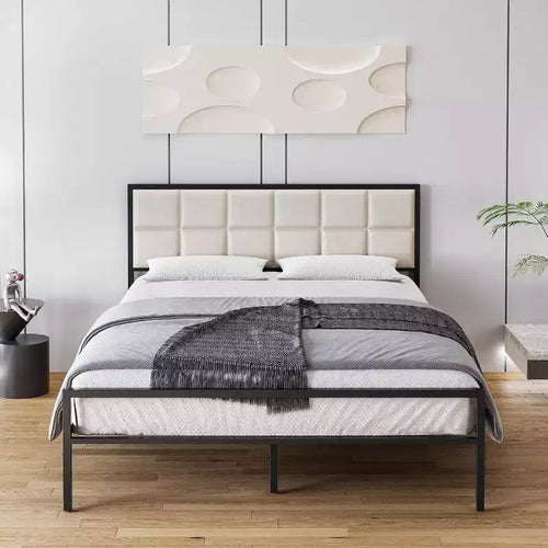 193 × 203 cm Upholstered Metal Bed Frame with Square-Stitched Headboard, Faux Leather Platform Bed with Steel Slats Support, Box Spring Optional, Beige