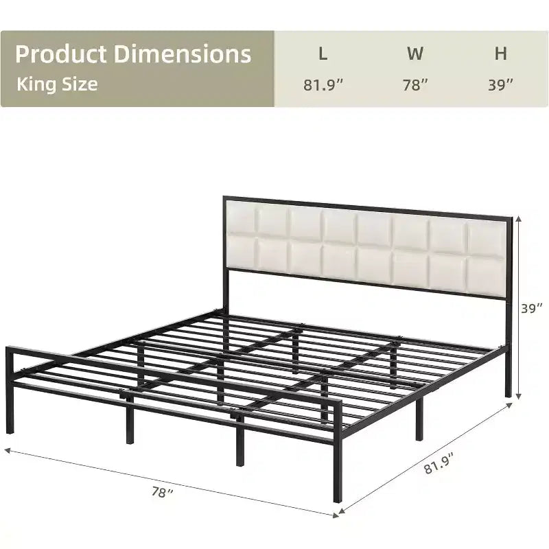 Letto matrimoniale in metallo imbottito King con testiera impunturata a quadri, letto a piattaforma in ecopelle con supporto a doghe in acciaio, sommier a molle opzionale, beige