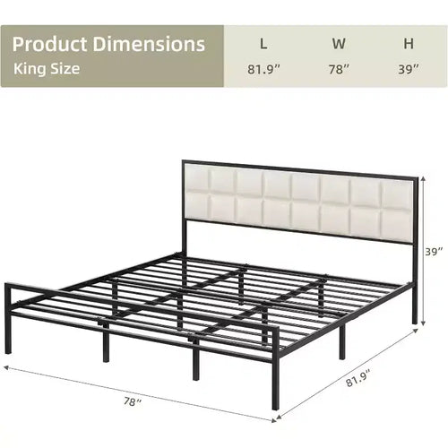 Letto in metallo imbottito 193 × 203 cm con testiera trapuntata a quadri, letto a piattaforma in similpelle con supporto a doghe in acciaio, rete a molle opzionale, beige
