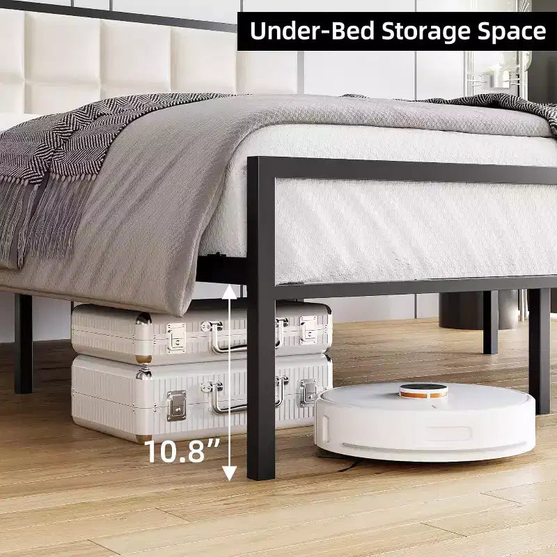Letto matrimoniale in metallo imbottito King con testiera impunturata a quadri, letto a piattaforma in ecopelle con supporto a doghe in acciaio, sommier a molle opzionale, beige