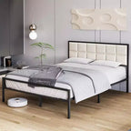 Letto matrimoniale in metallo imbottito King con testiera impunturata a quadri, letto a piattaforma in ecopelle con supporto a doghe in acciaio, sommier a molle opzionale, beige