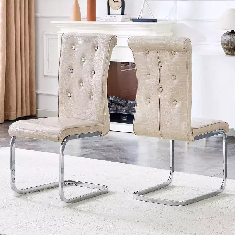Set of 2 Retro Alligator Skin Upholstered Dining Chairs with Crystal Buckle Details