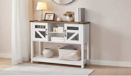 ACOINEL 43.3 Farmhouse Entryway Table with Storage, Rustic Console Table for Sofa/Hallway, White & Walnut Narrow Hall Table