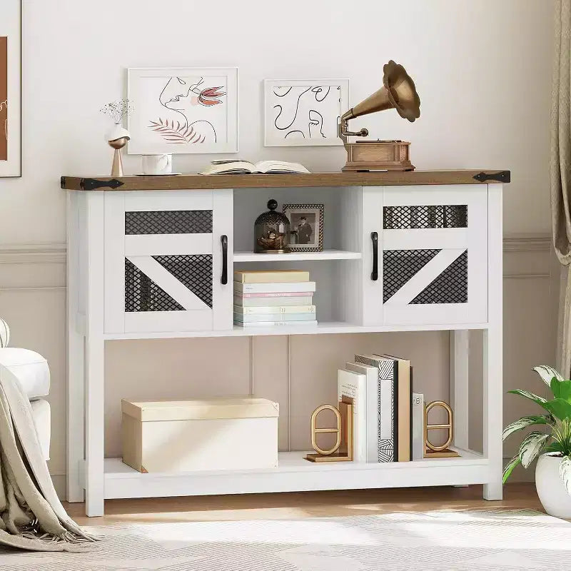 43.3 Tavolo da ingresso da fattoria con contenitore, Tavolo console rustico per divano/corridoio, Tavolo stretto da ingresso bianco e noce