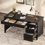 53.54 Farmhouse Executive Desk with Drawers | Wooden Home Office Computer Desk with Charging Station & File Cabinet Storage for Work Study Writing