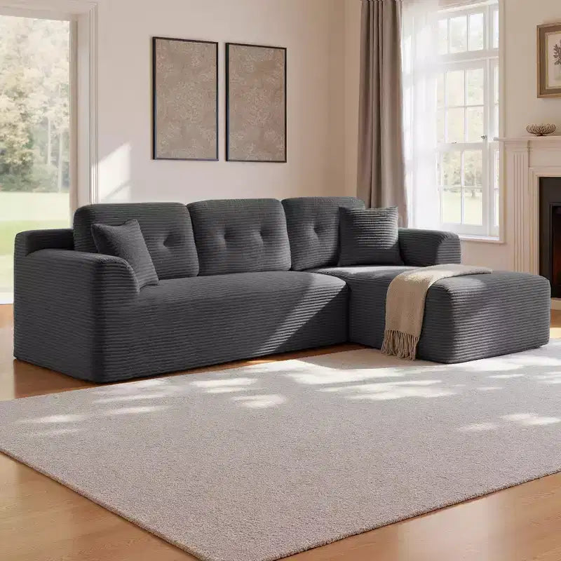 Divano Boneless da 108,3 Pollici con Chaise Longue, con Seduta Profonda, Divano a L in Velluto a Coste per Soggiorno, Chaise Longue Lato Destro