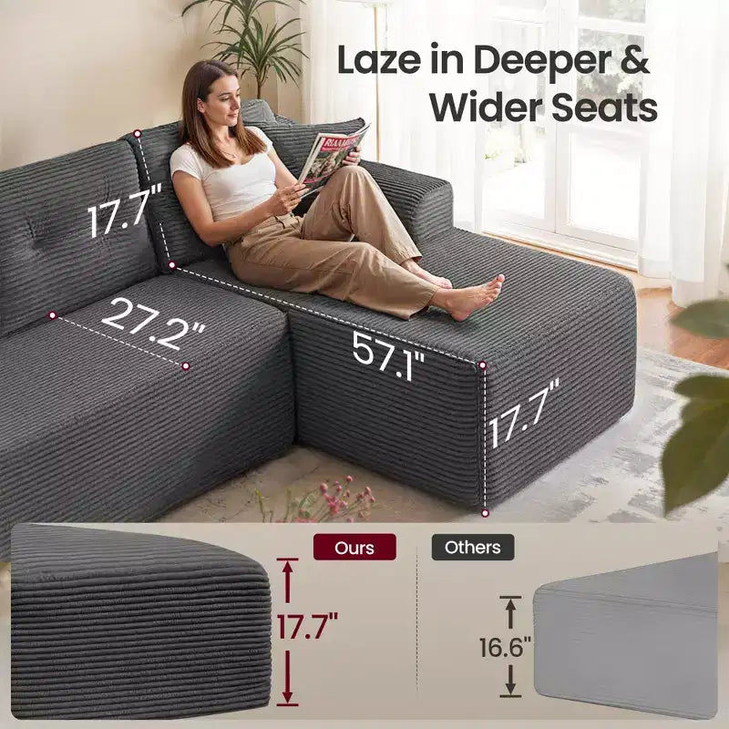 Divano Boneless da 108,3 Pollici con Chaise Longue, con Seduta Profonda, Divano a L in Velluto a Coste per Soggiorno, Chaise Longue Lato Destro