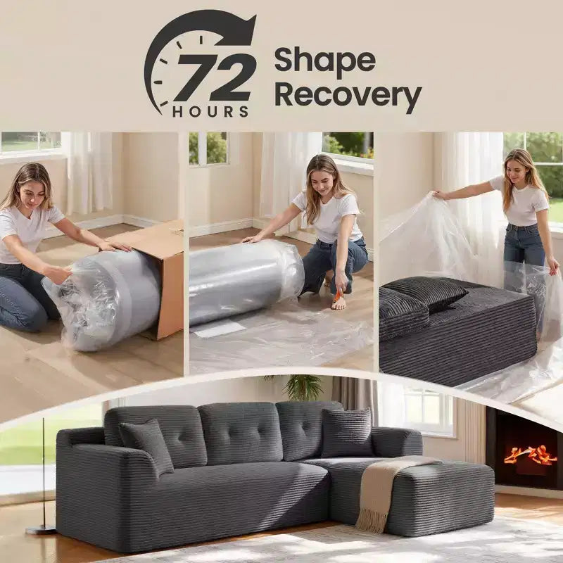 Divano Boneless da 108,3 Pollici con Chaise Longue, con Seduta Profonda, Divano a L in Velluto a Coste per Soggiorno, Chaise Longue Lato Destro