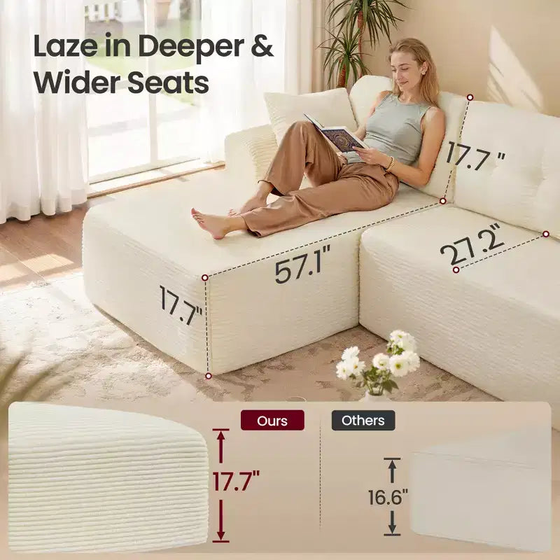 Divano Boneless da 108,3 Pollici con Chaise Longue, con Seduta Profonda, Divano a L in Velluto a Coste per Soggiorno, Chaise Longue Lato Destro