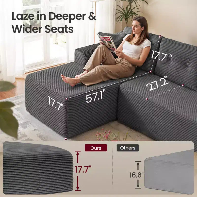 Divano Boneless da 108,3 Pollici con Chaise Longue, con Seduta Profonda, Divano a L in Velluto a Coste per Soggiorno, Chaise Longue Lato Destro