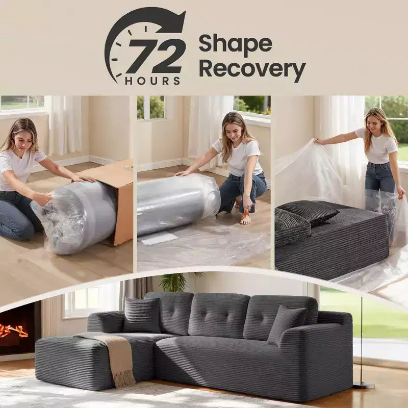 Divano Boneless da 108,3 Pollici con Chaise Longue, con Seduta Profonda, Divano a L in Velluto a Coste per Soggiorno, Chaise Longue Lato Destro