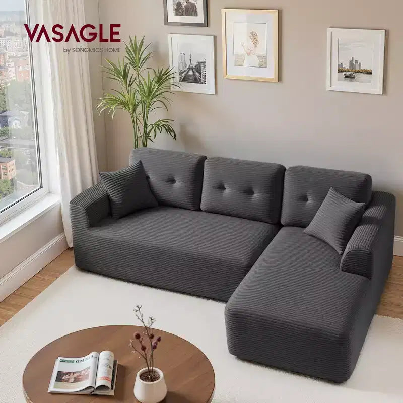 Divano Boneless da 108,3 Pollici con Chaise Longue, con Seduta Profonda, Divano a L in Velluto a Coste per Soggiorno, Chaise Longue Lato Destro