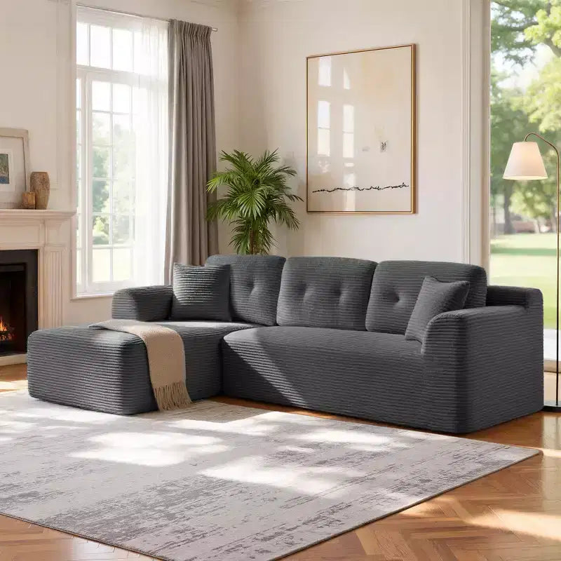 Divano Boneless da 108,3 Pollici con Chaise Longue, con Seduta Profonda, Divano a L in Velluto a Coste per Soggiorno, Chaise Longue Lato Destro