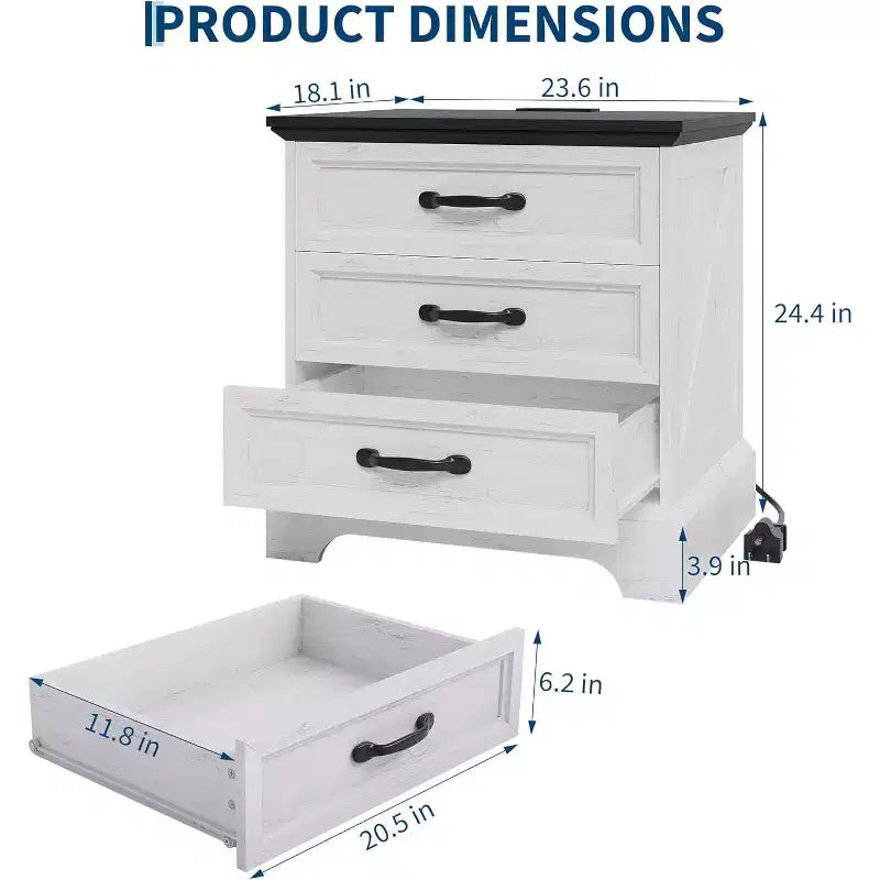 Comodino moderno in stile rustico con 3 ampi cassetti, tavolino laterale da 63 cm di larghezza in legno retrò, comodino grande per camera da letto, bianco