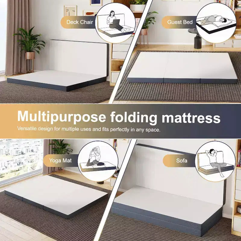 Materasso pieghevole da 4 pollici, topper in memory foam a tre ante con fodera lavabile per campeggio, letto per gli ospiti o camper, Queen