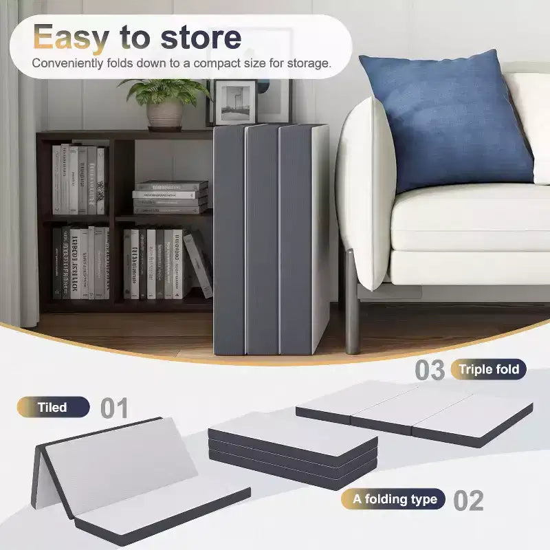 Materasso pieghevole da 4 pollici, topper in memory foam a tre ante con fodera lavabile per campeggio, letto per gli ospiti o camper, Queen