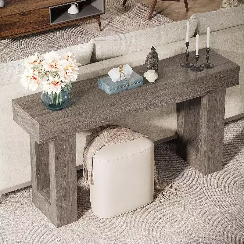 Tavolo consolle lungo 160 cm, tavolo da divano rettangolare in legno da mettere dietro al divano, tavolo da ingresso stile rustico per corridoio, soggiorno, grigio