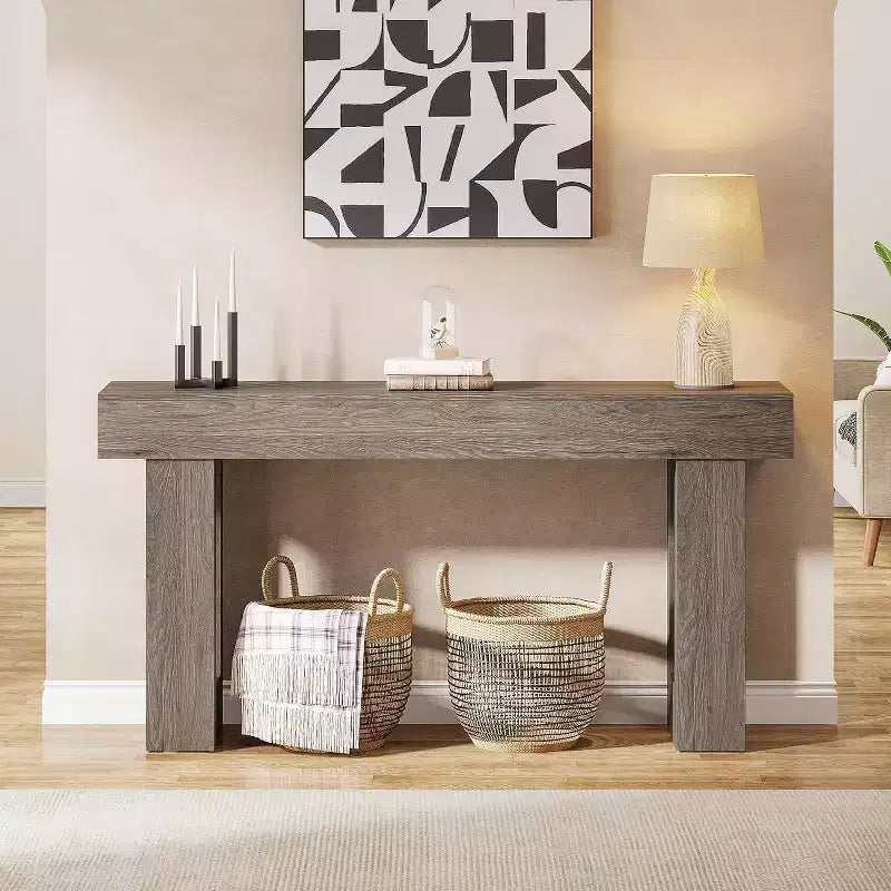 Tavolo consolle lungo 160 cm, tavolo da divano rettangolare in legno da mettere dietro al divano, tavolo da ingresso stile rustico per corridoio, soggiorno, grigio