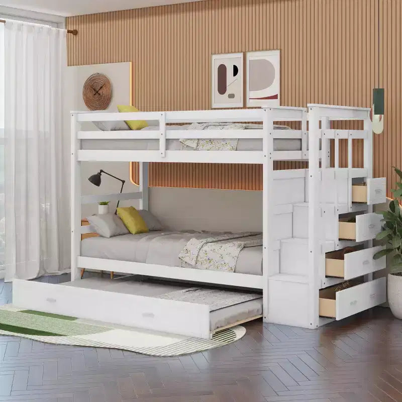 Letto a castello matrimoniale su matrimoniale con scalini contenitore e letto estraibile