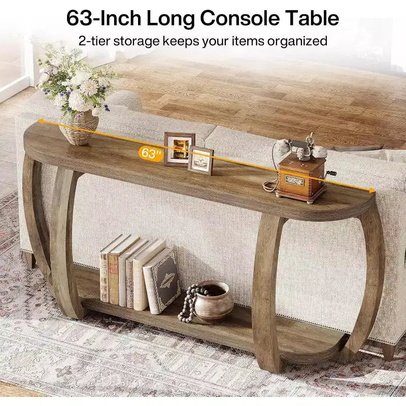 Consolle in legno stile rustico con ripiano aperto, tavolo da ingresso da 160 cm con gambe curve per soggiorno, corridoio, ingresso