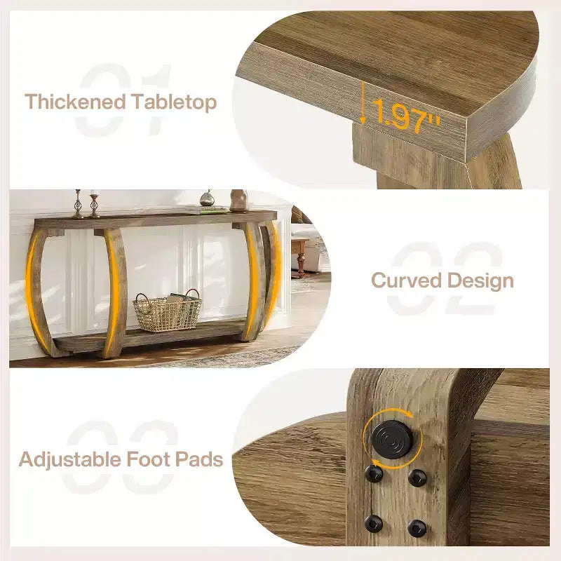 Consolle in legno stile rustico con ripiano aperto, tavolo da ingresso da 160 cm con gambe curve per soggiorno, corridoio, ingresso