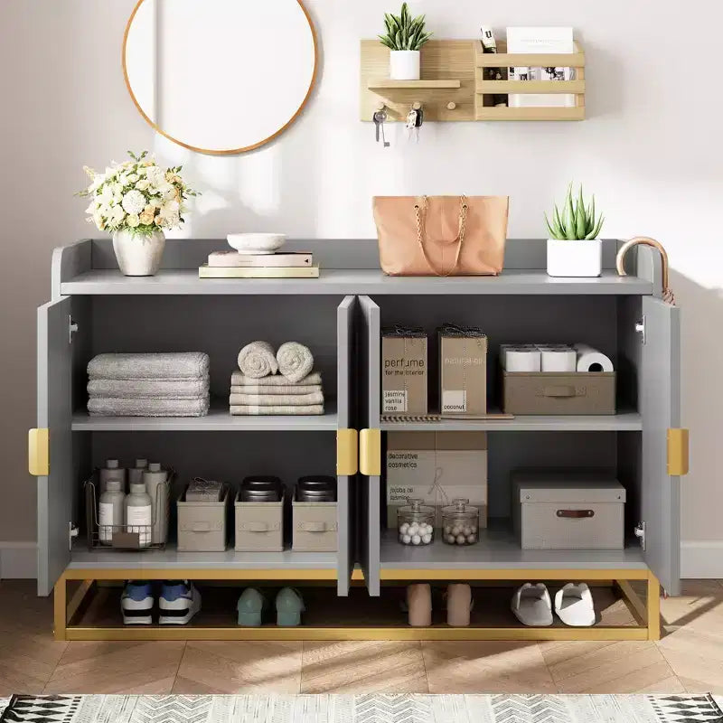 Credenza, mobile contenitore scanalato da 120 cm con ripiani regolabili per soggiorno cucina