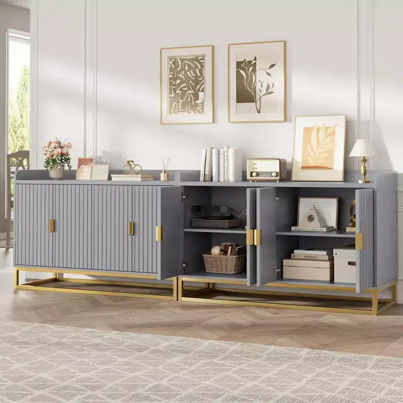 Credenza, mobile contenitore scanalato da 120 cm con ripiani regolabili per soggiorno cucina