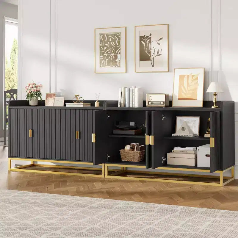 Credenza, mobile contenitore scanalato da 120 cm con ripiani regolabili per soggiorno cucina
