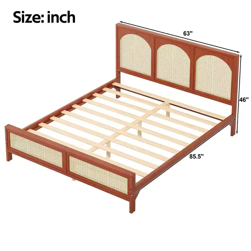 Letto a piattaforma in legno matrimoniale/king size con testiera e pediera in rattan, struttura letto con gambe di supporto