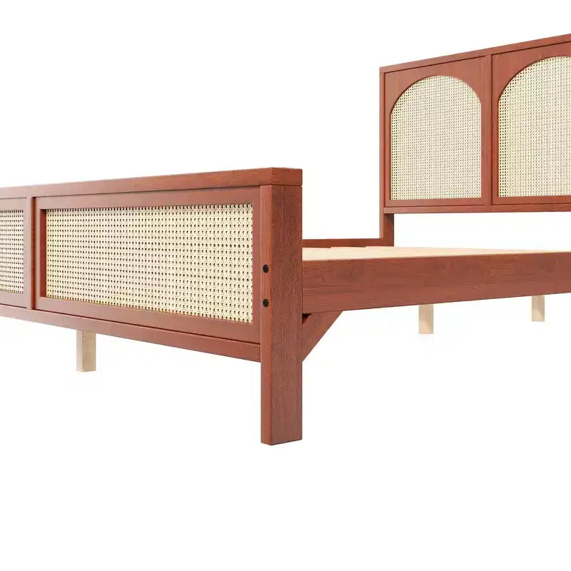 Letto a piattaforma in legno matrimoniale/king size con testiera e pediera in rattan, struttura letto con gambe di supporto
