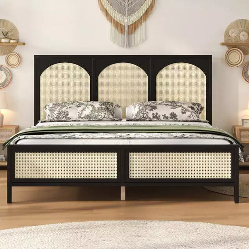 152 × 203 cm/193 × 203 cm Wood Platform Bed with Rattan Headboard & Footboard, Bed Frame with Support Legs - ModernLuxe