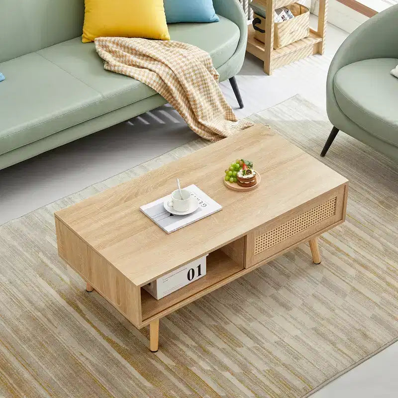 Tavolino da caffè moderno in rattan da 41,34 pollici con anta scorrevole, gambe in legno massello, adatto per il soggiorno, naturale