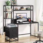Lantine 55-Inch Computer Desk with 2 Drawers and Storage Shelves, Rustic Office Desk with Hutch for Home Office, Black Workstation