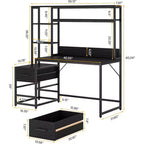 Scrivania per computer da 55 pollici con 2 cassetti e ripiani portaoggetti, scrivania rustica con libreria per ufficio domestico, workstation nera