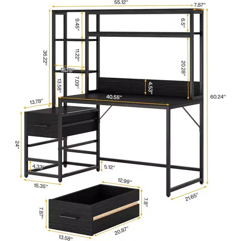 Scrivania per computer da 55 pollici con 2 cassetti e ripiani portaoggetti, scrivania rustica con libreria per ufficio domestico, workstation nera
