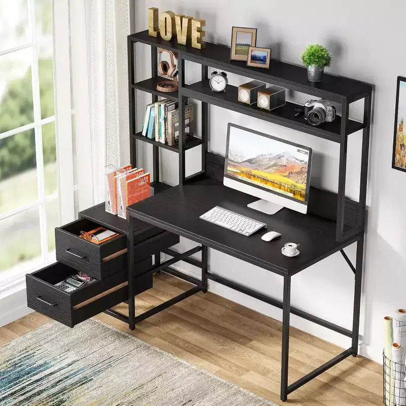 Scrivania per computer da 55 pollici con 2 cassetti e ripiani portaoggetti, scrivania rustica con libreria per ufficio domestico, workstation nera