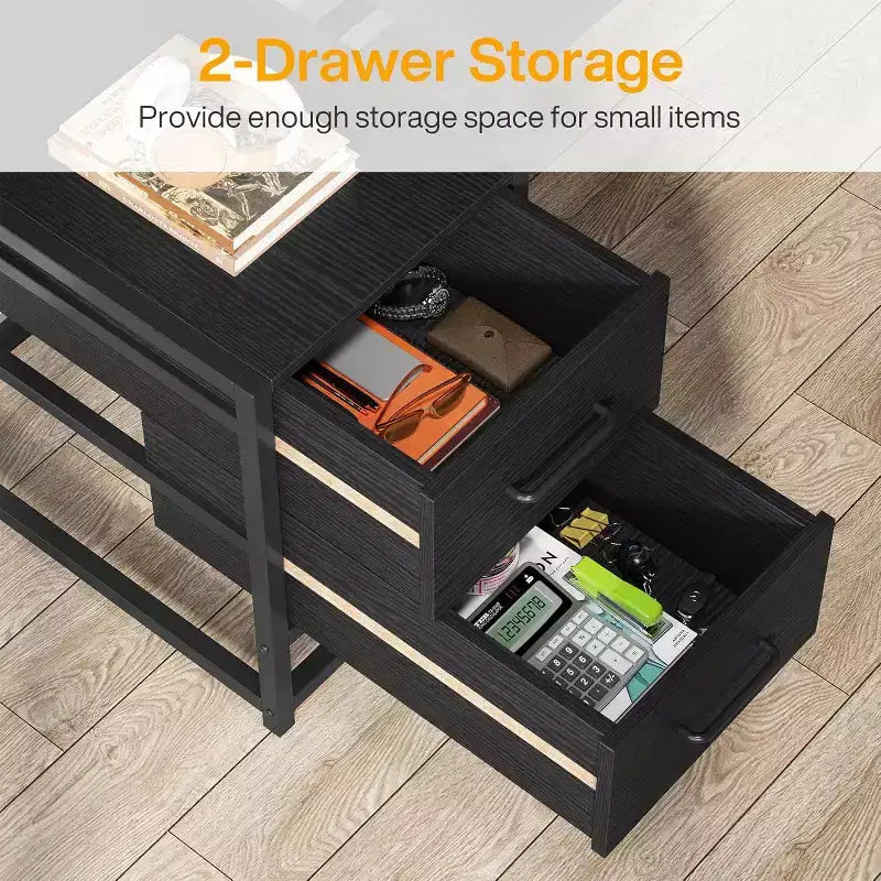 Scrivania per computer da 55 pollici con 2 cassetti e ripiani portaoggetti, scrivania rustica con libreria per ufficio domestico, workstation nera
