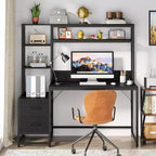 Scrivania per computer da 55 pollici con 2 cassetti e ripiani portaoggetti, scrivania rustica con libreria per ufficio domestico, workstation nera