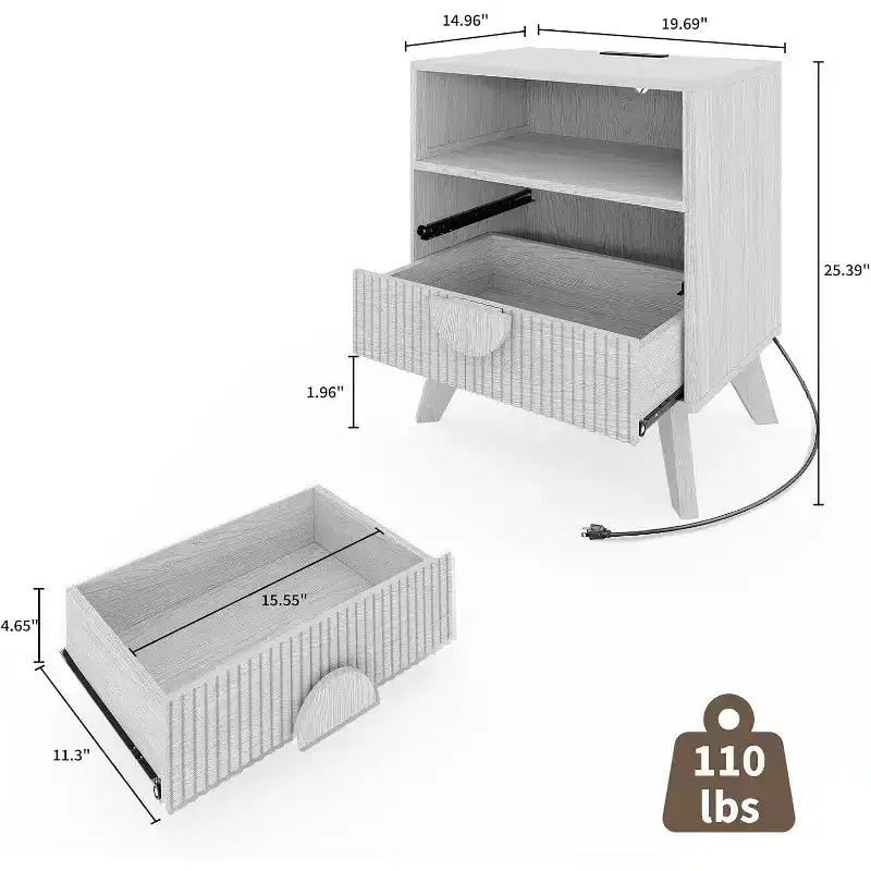 2 comodini moderni con scanalature, gambe angolate e maniglie rotonde in legno, 2 cassetti, tavolino da salotto per camera da letto e soggiorno