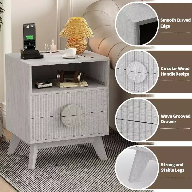 2 comodini moderni con scanalature, gambe angolate e maniglie rotonde in legno, 2 cassetti, tavolino da salotto per camera da letto e soggiorno