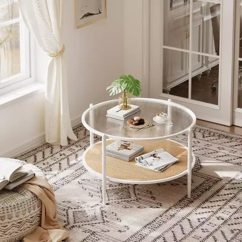 Tavolino rotondo in rattan da 30 pollici con ripiano, tavolino da caffè circolare a 2 livelli con vetro effetto onda per soggiorno, tavolino finale moderno piccolo rotondo nero e oro