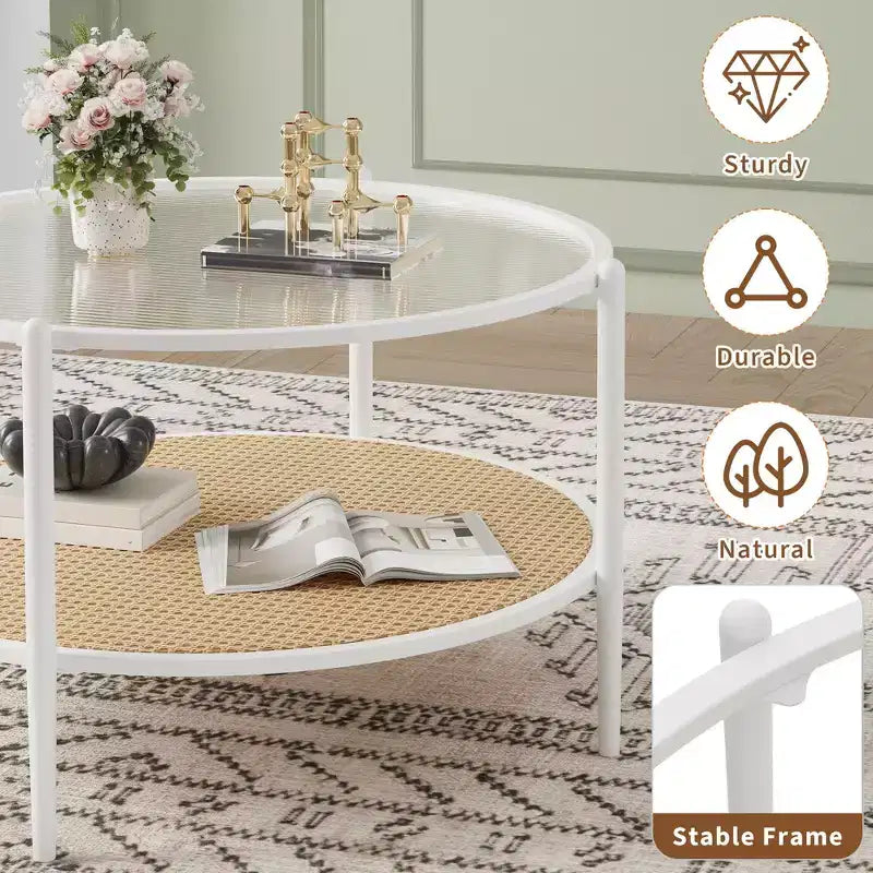 Tavolino rotondo in rattan da 30 pollici con ripiano, tavolino da caffè circolare a 2 livelli con vetro effetto onda per soggiorno, tavolino finale moderno piccolo rotondo nero e oro
