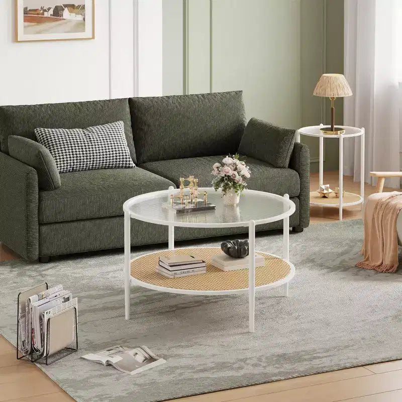 Tavolino rotondo in rattan da 30 pollici con ripiano, tavolino da caffè circolare a 2 livelli con vetro effetto onda per soggiorno, tavolino finale moderno piccolo rotondo nero e oro