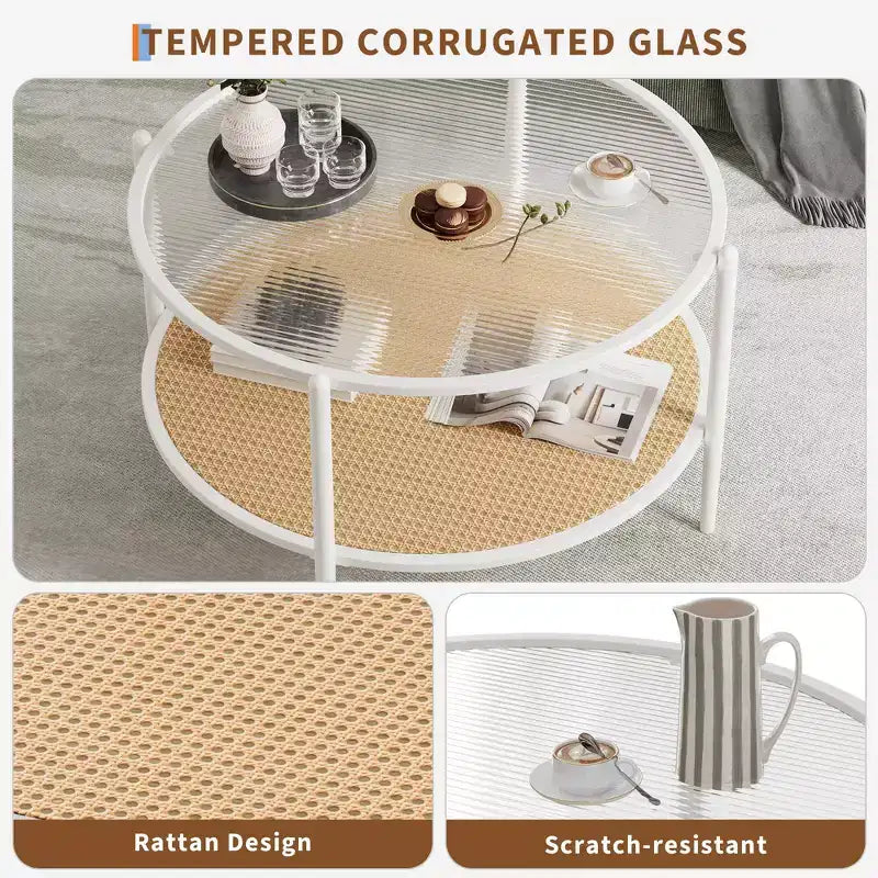 Tavolino rotondo in rattan da 30 pollici con ripiano, tavolino da caffè circolare a 2 livelli con vetro effetto onda per soggiorno, tavolino finale moderno piccolo rotondo nero e oro