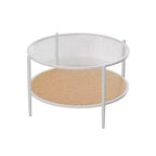 Tavolino rotondo in rattan da 30 pollici con ripiano, tavolino da caffè circolare a 2 livelli con vetro effetto onda per soggiorno, tavolino finale moderno piccolo rotondo nero e oro