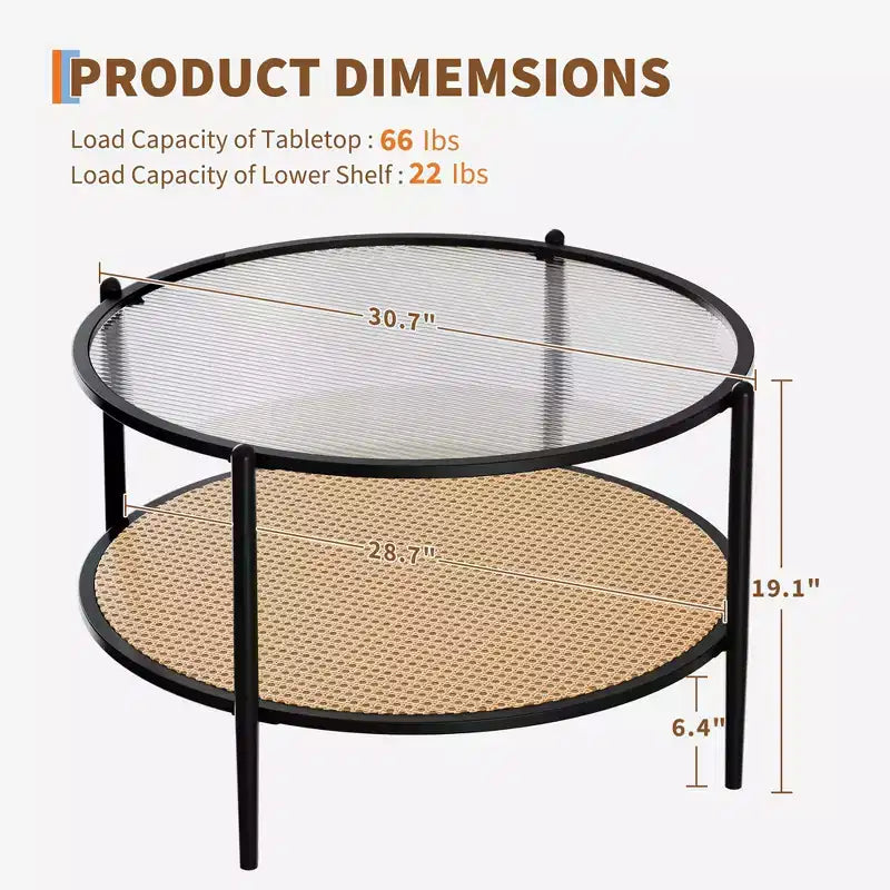 Tavolino rotondo in rattan da 30 pollici con ripiano, tavolino da caffè circolare a 2 livelli con vetro effetto onda per soggiorno, tavolino finale moderno piccolo rotondo nero e oro