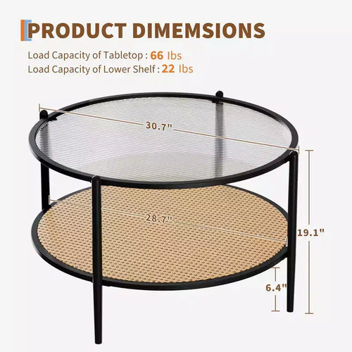 Tavolino rotondo in rattan da 30 pollici con ripiano, tavolino da caffè circolare a 2 livelli con vetro effetto onda per soggiorno, tavolino finale moderno piccolo rotondo nero e oro