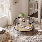 Tavolino rotondo in rattan da 30 pollici con ripiano, tavolino da caffè circolare a 2 livelli con vetro effetto onda per soggiorno, tavolino finale moderno piccolo rotondo nero e oro